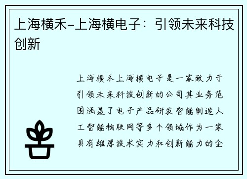 上海横禾-上海横电子：引领未来科技创新